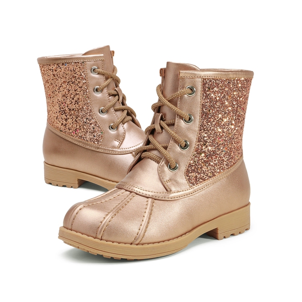 Girls Side Zipper Leather Glitter Boots - ROSE GOLD - 4